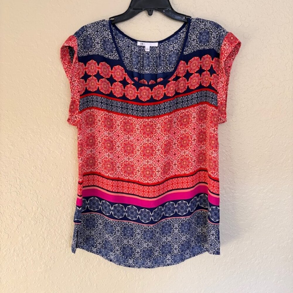 DR2 Women's Short Cap Sleeve Multicolor Pullover L Blouse Scoop Neck Shirt Top